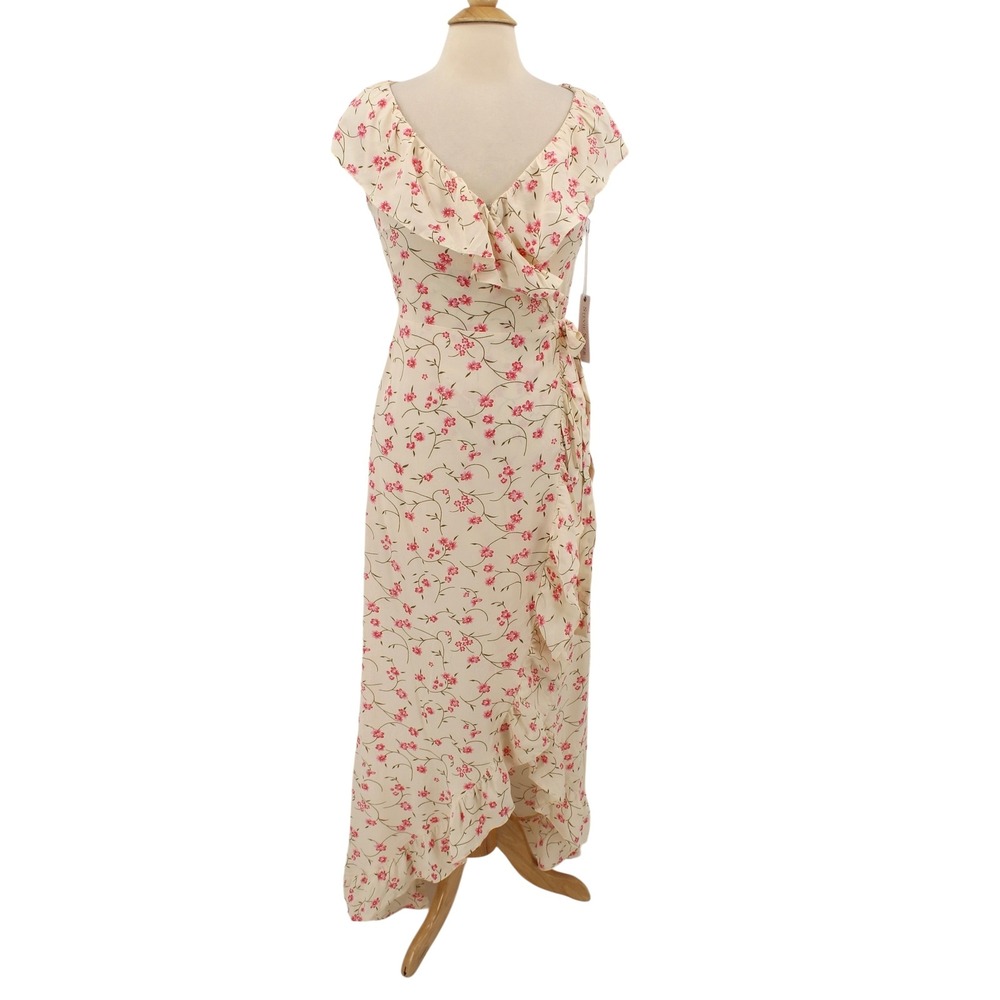 Stevie Sister Francesca Wrap Dress Pink Pansy Floral Ruffle Maxi Cream Small NEW